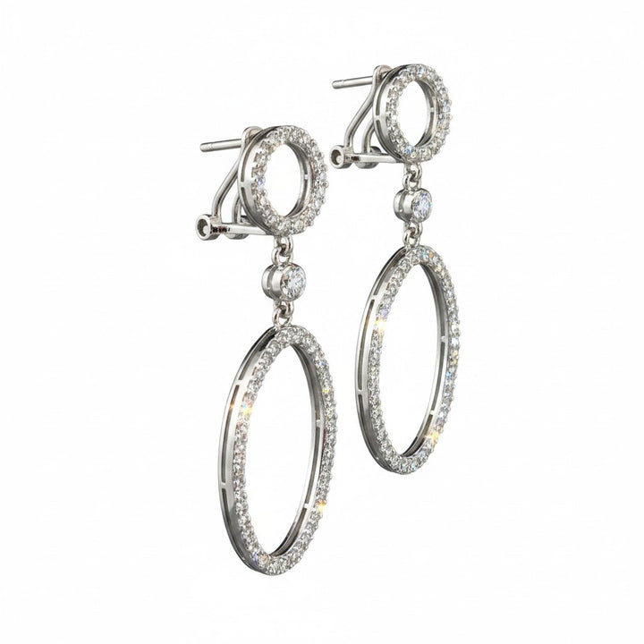 Caribbean Gems diamond circular drop earrings in 14k white gold with pavé-set stones in a dual-hoop design.