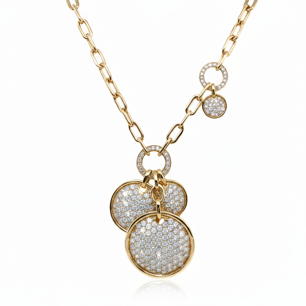 Caribbean Gems 14kt yellow gold necklace featuring multiple round diamond-encrusted disc pendants on a link chain.