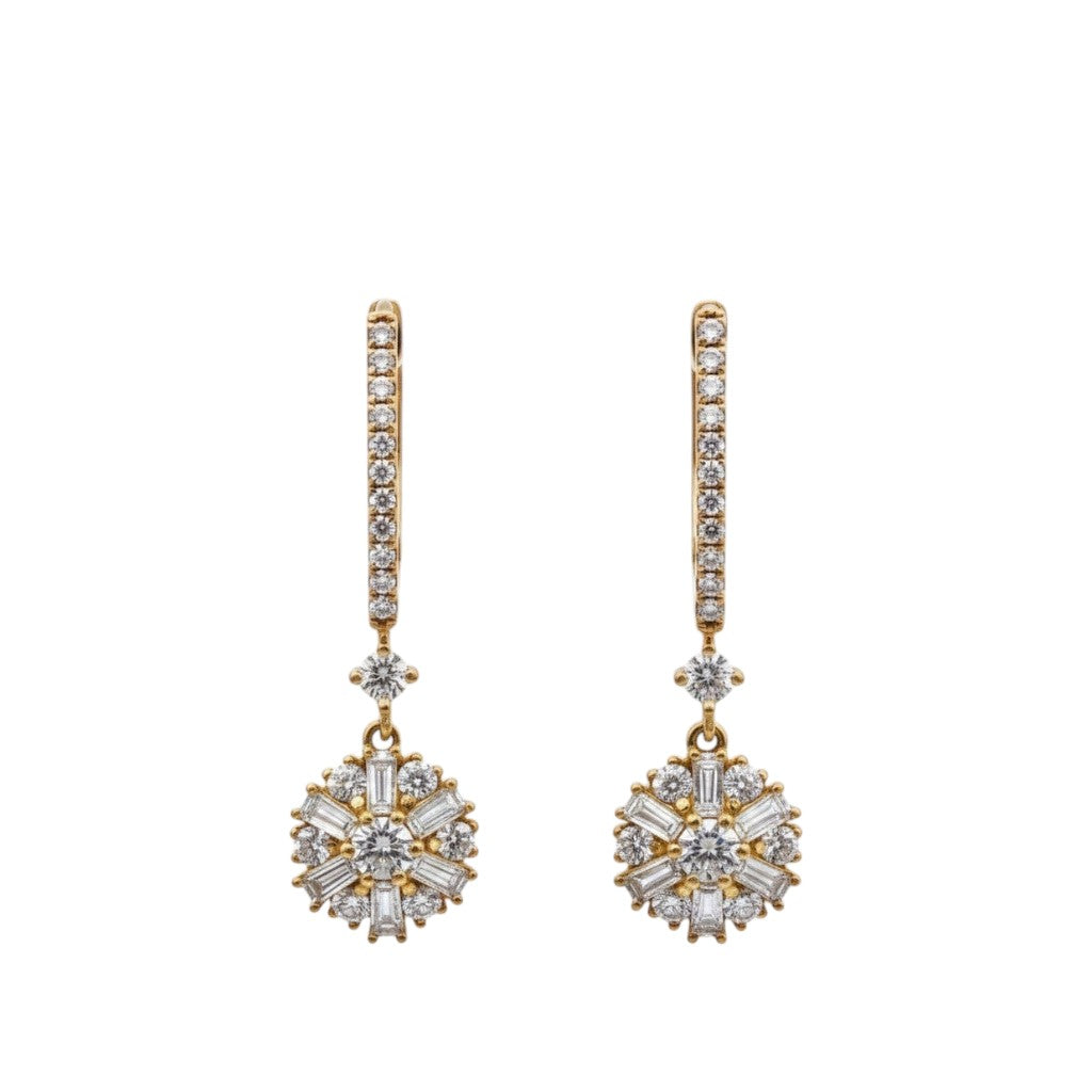Caribbean Gems dangling flower earrings featuring round and baguette diamonds set in yellow gold