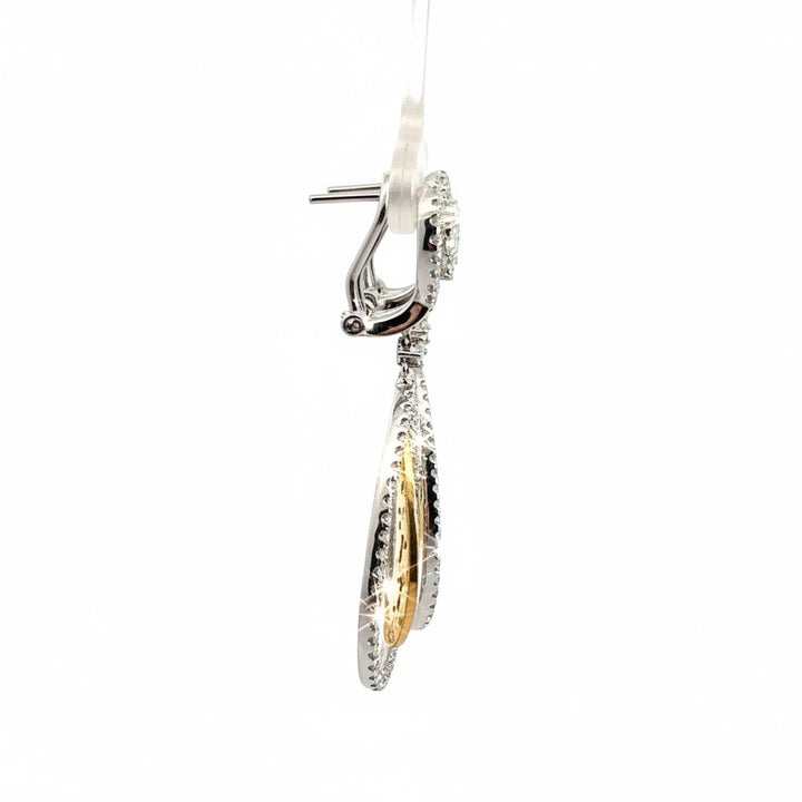 Caribbean Gems diamond earrings in 14kt white and yellow gold with 1.65cts of round diamonds, side profile view.