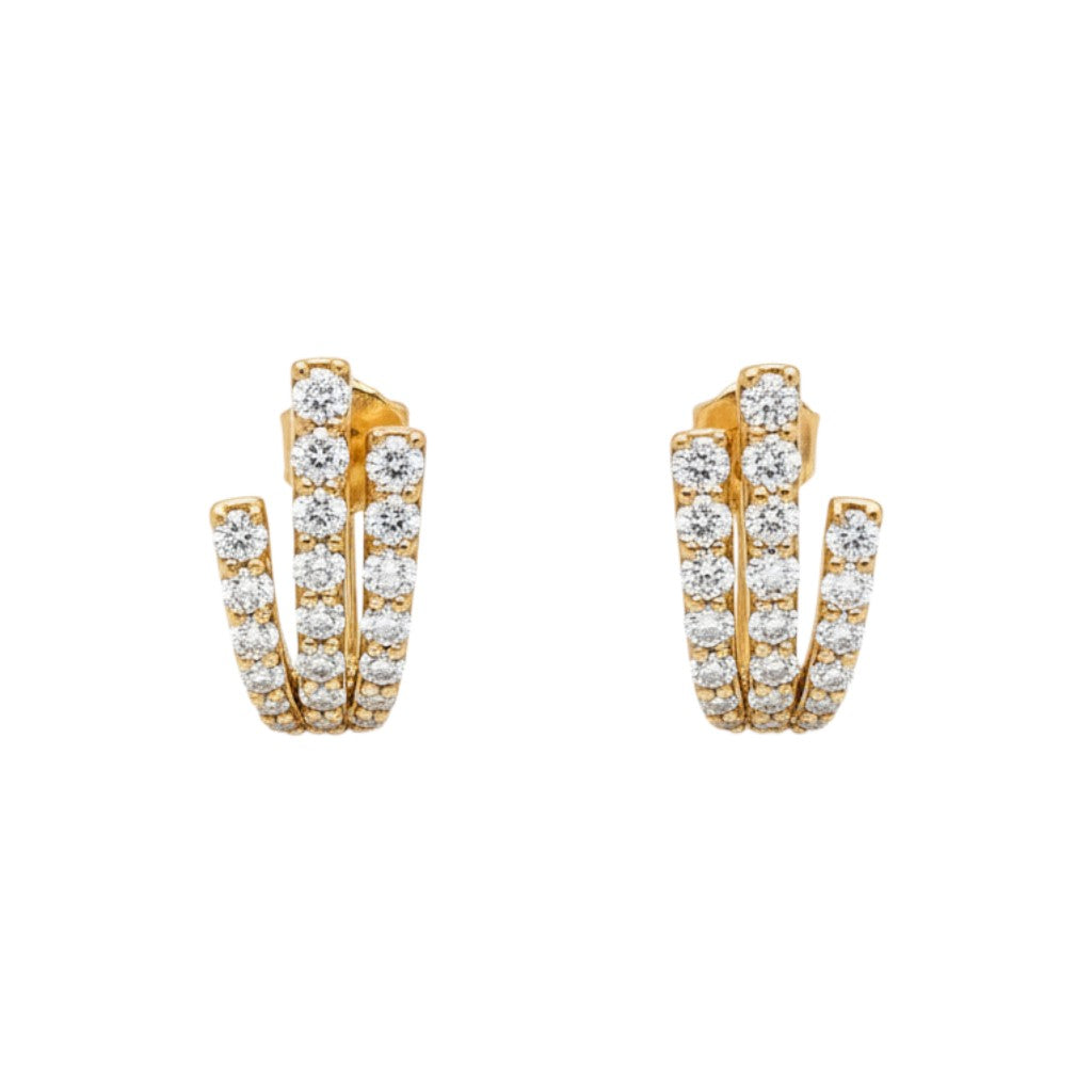 Caribbean Gems radiant diamond earrings in 18kt yellow gold with brilliant round-cut diamonds in a triple-hoop design.