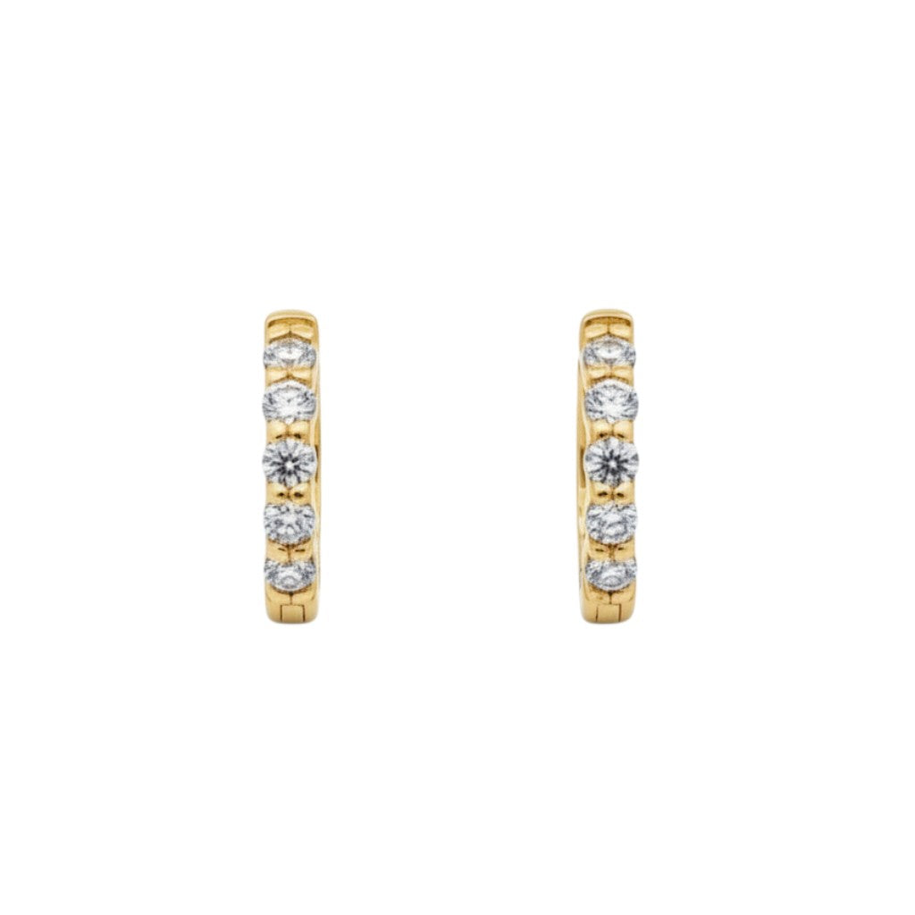Caribbean Gems 14kt yellow gold huggie earrings featuring a row of brilliant round diamonds.