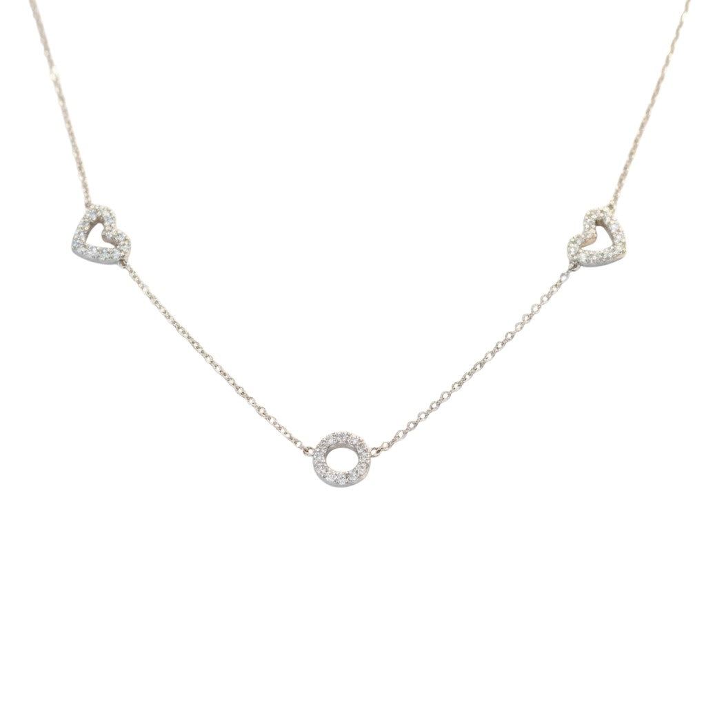 Caribbean Gems 14kt white gold necklace featuring two diamond-encrusted heart charms and a central diamond circle