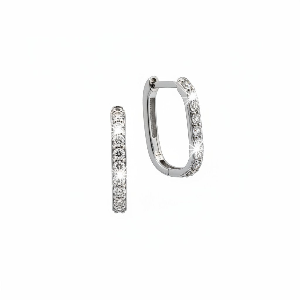 Caribbean Gems Forever Diamond Hoops in 14k white gold with sparkling round diamonds in a unique rectangular shape.