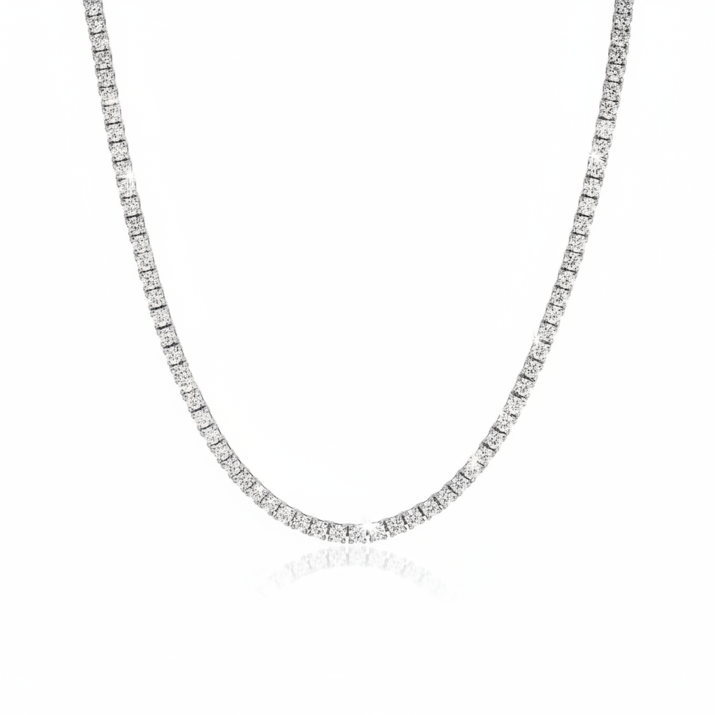 Caribbean Gems Timeless tennis necklace in 14kt white gold with 9.20 carats of brilliant round diamonds.