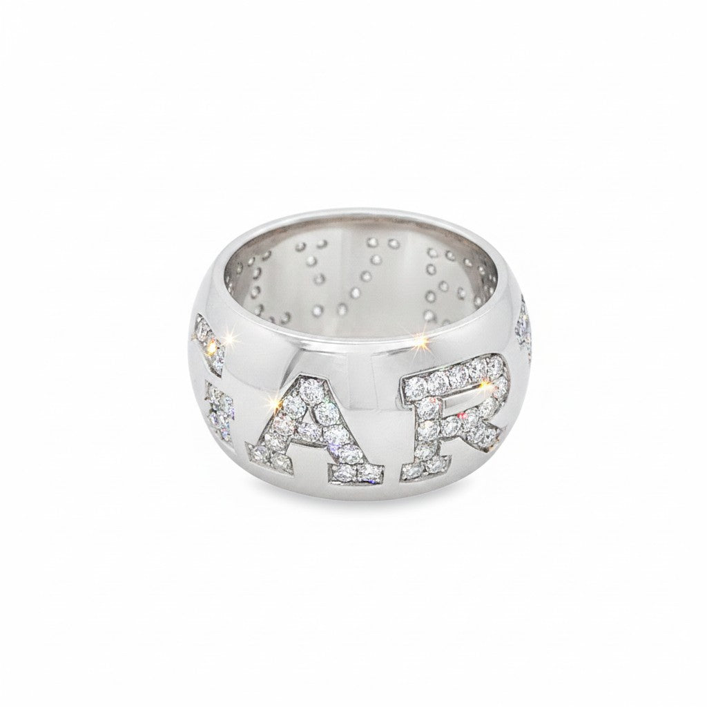 Caribbean Gems bold 14kt white gold ring featuring round diamonds set in lettered design