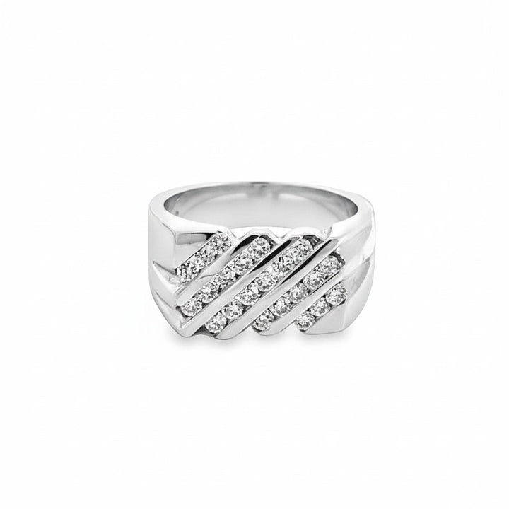 Caribbean Gems men's ring featuring 1.00 carat round-cut diamonds set in polished 14kt white gold with diagonal bands.