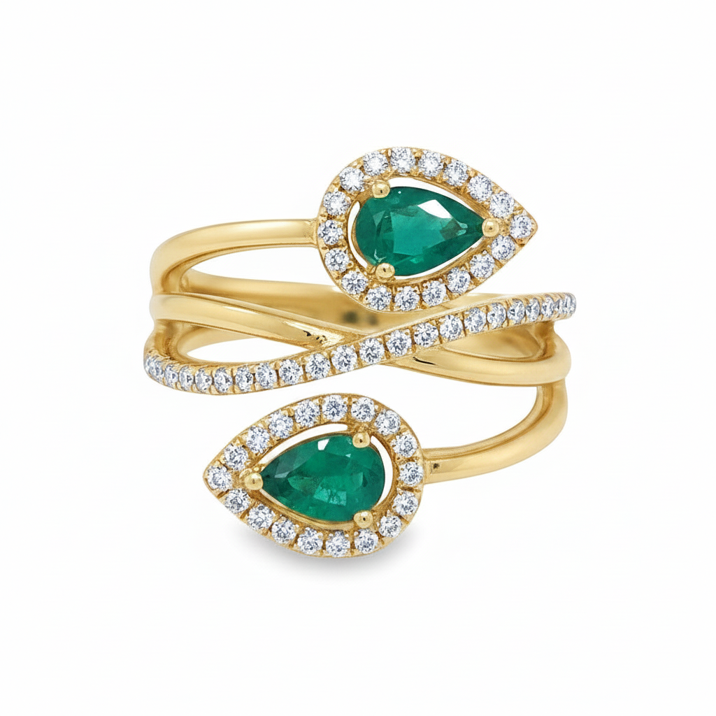 Caribbean Gems 14kt yellow gold bypass ring featuring pear-shaped emeralds and round diamond halos.
