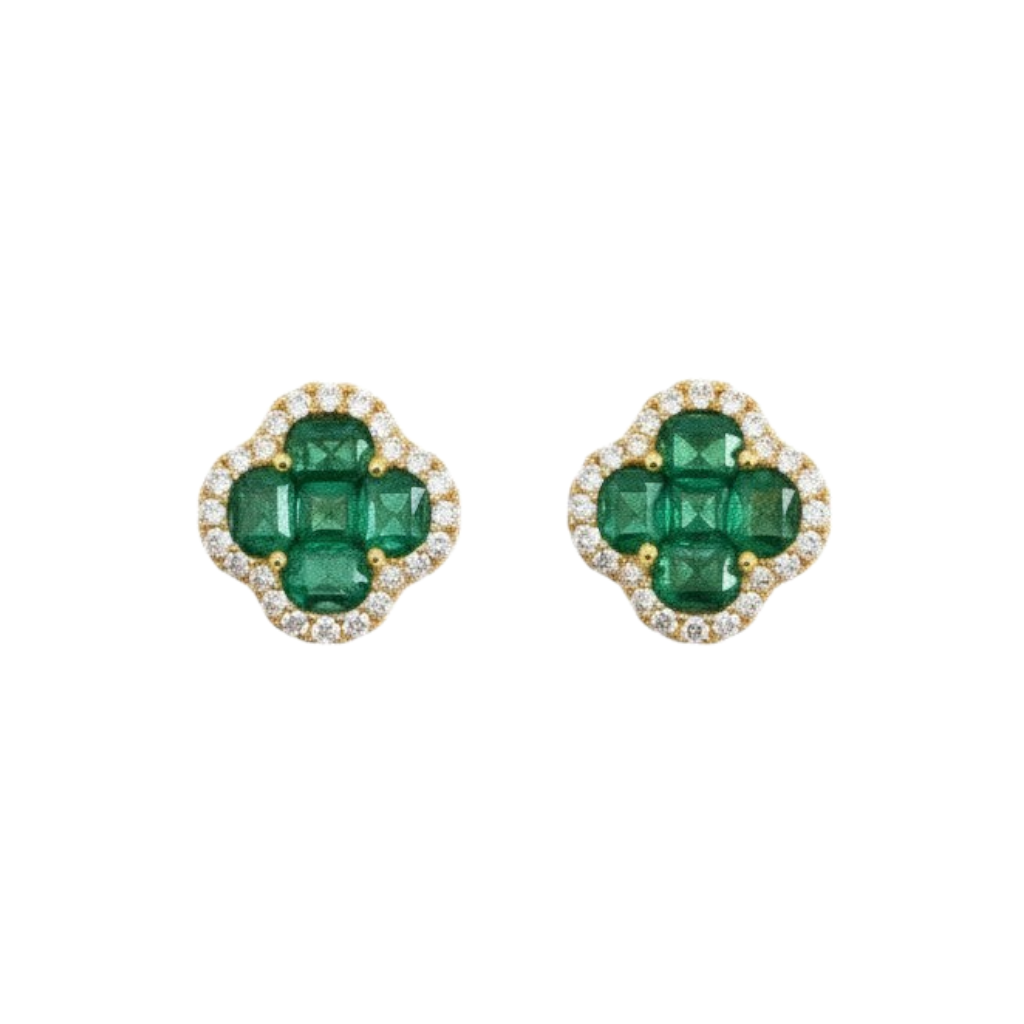Caribbean Gems 14kt yellow gold clover earrings with round emeralds and diamond halos on a white background.