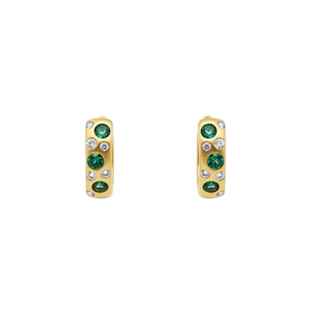 Caribbean Gems 14kt yellow gold hoop earrings featuring round emeralds and sparkling diamond accents.
