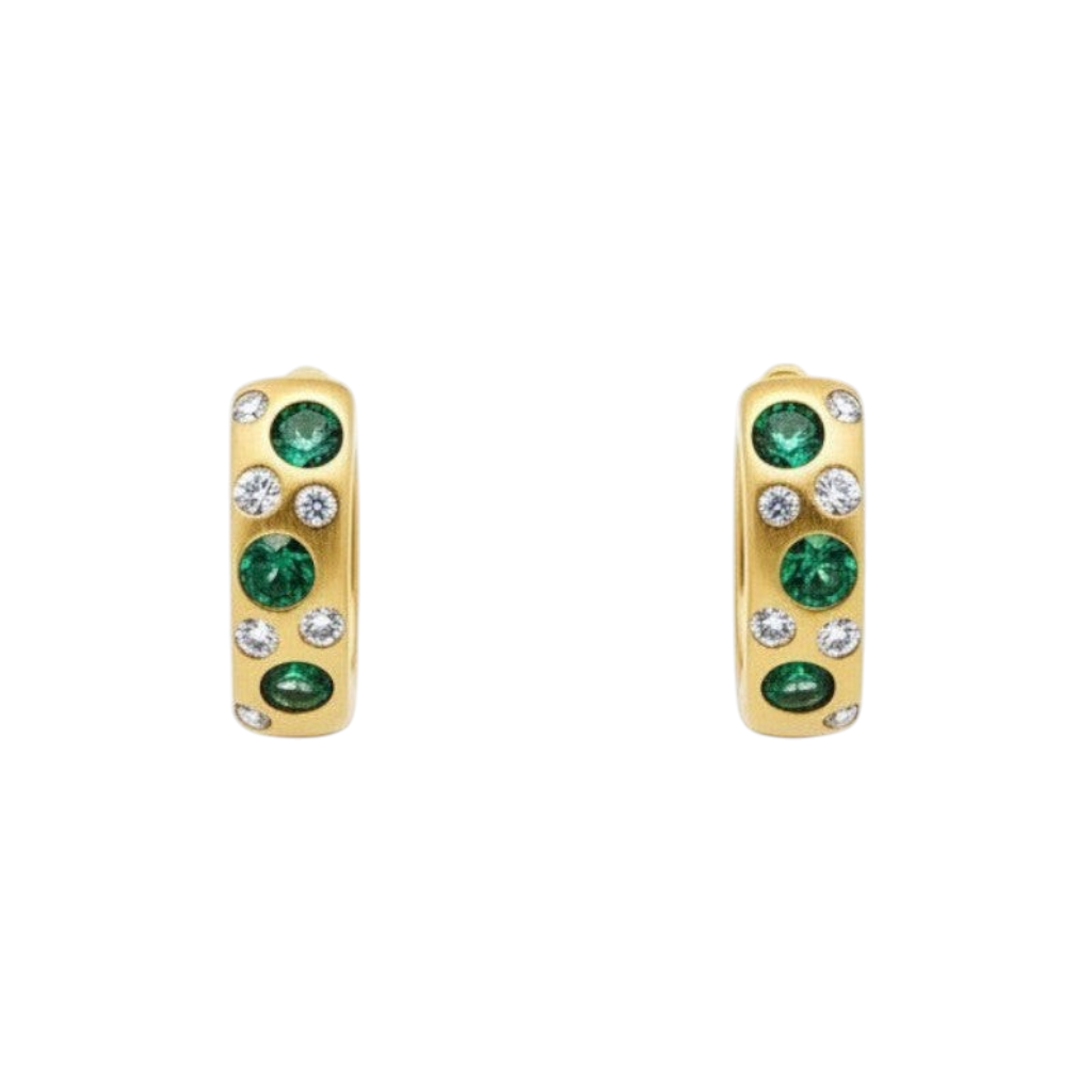 Caribbean Gems 14kt yellow gold hoop earrings featuring round emeralds and sparkling diamond accents.