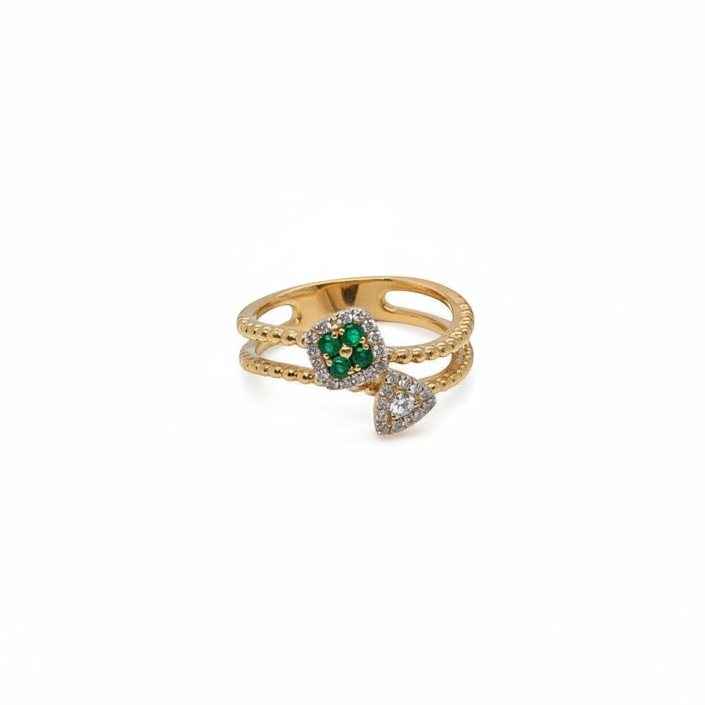 Caribbean Gems 14kt yellow gold ring featuring a square emerald cluster and a triangular diamond accent