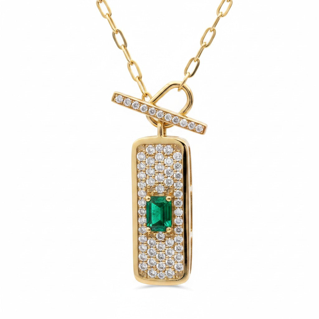 Caribbean Gems 14kt yellow gold necklace with a rectangular emerald, diamond pavé, and a diamond-accented toggle clasp.