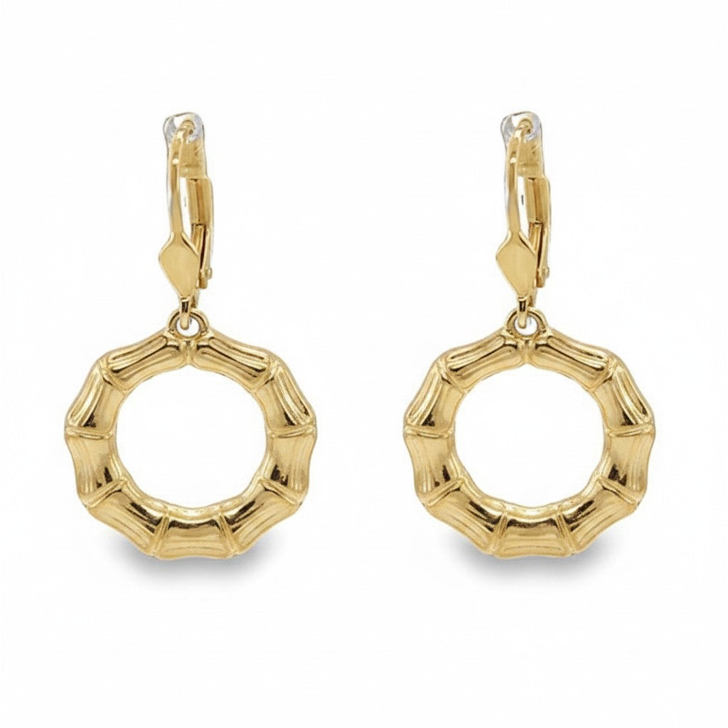 Caribbean Gems 14kt yellow gold dangling earrings featuring a textured bamboo-inspired circular design