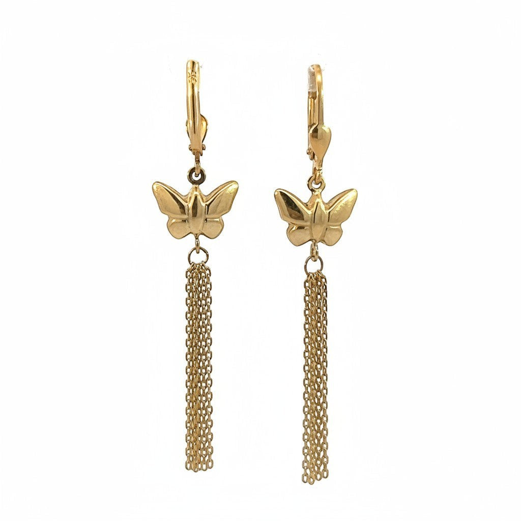 Caribbean Gems 14kt yellow gold butterfly drop earrings with delicate dangling chain tassels on a white background.