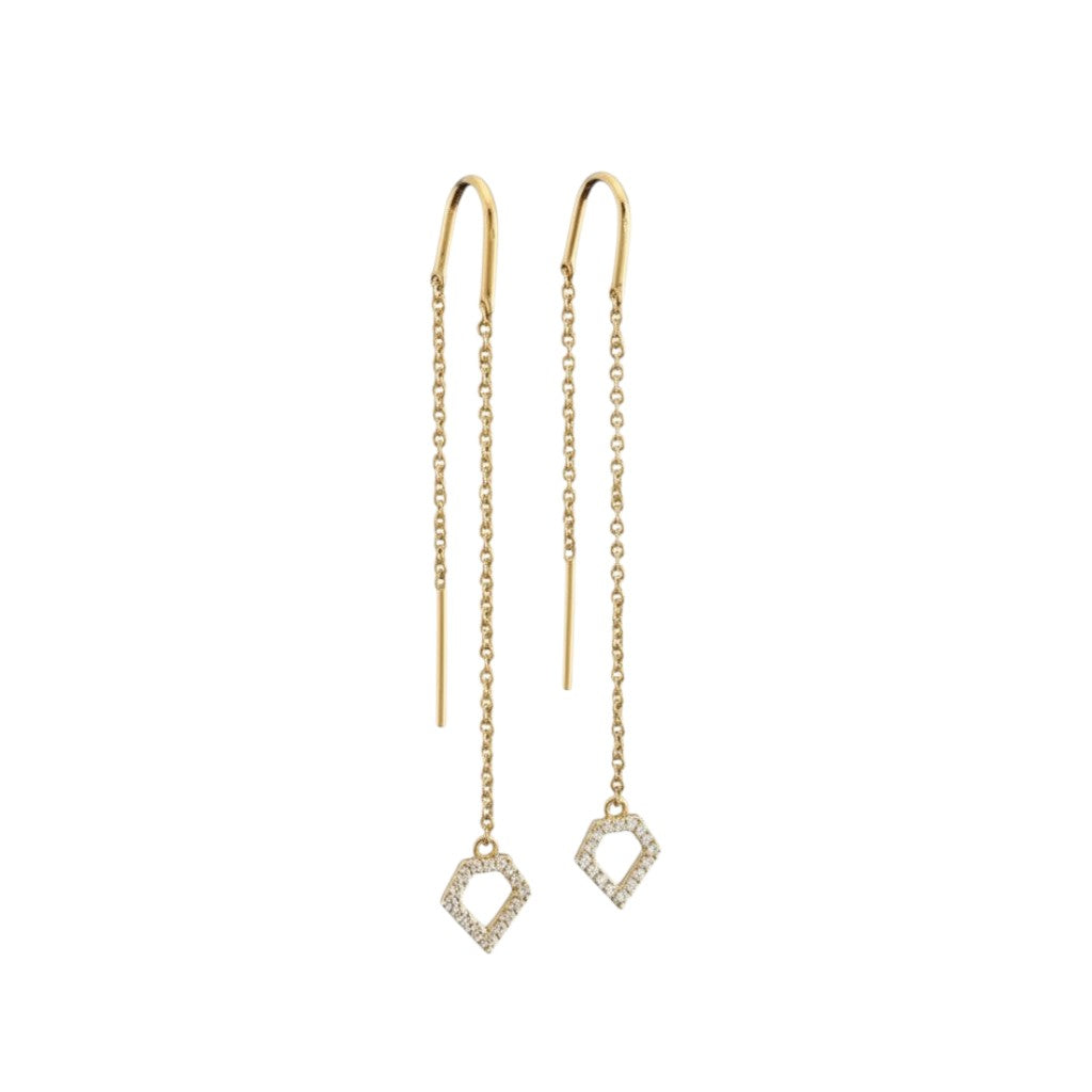 Caribbean Gems long drop earrings in 14k gold featuring delicate chains and diamond-encrusted geometric charms.