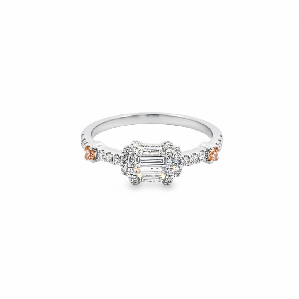 Caribbean Gems 14kt white and yellow gold ring featuring round and baguette cut diamonds on a white background