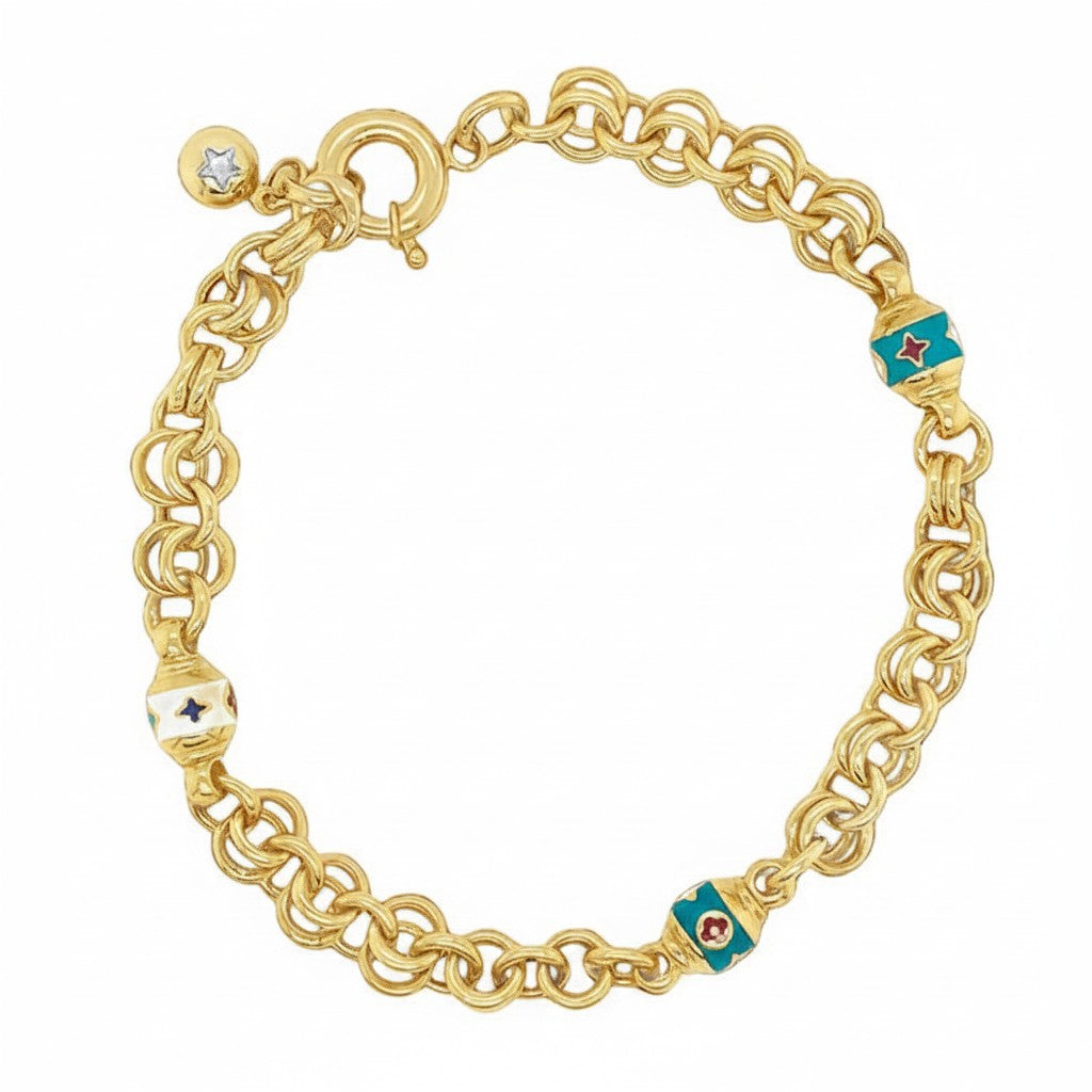 Caribbean Gems 14kt yellow gold chain bracelet featuring vibrant multi-colored enamel accents and a small star charm.