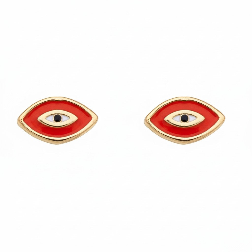 Caribbean Gems 14kt yellow gold Evil Eye stud earrings featuring vibrant red enamel and a central black stone.