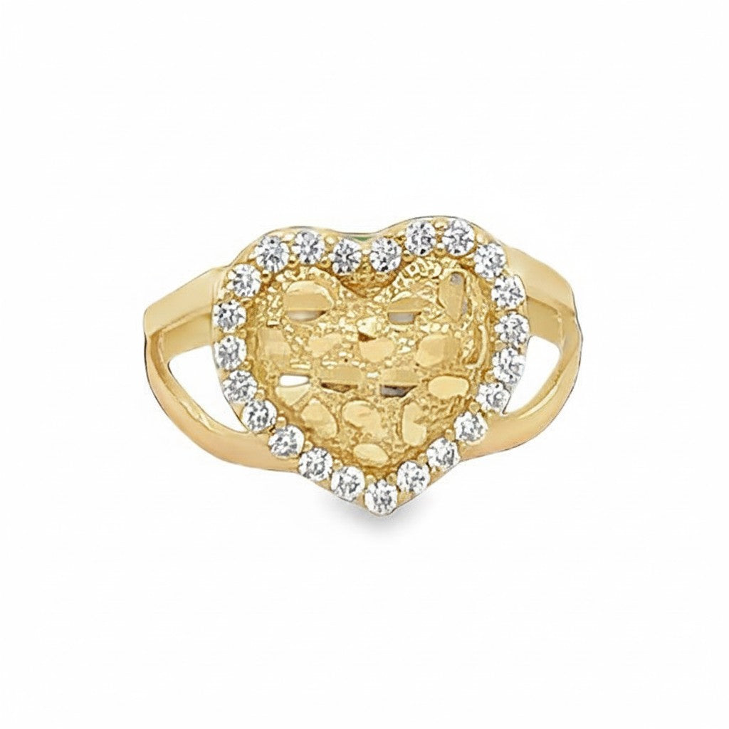 Caribbean Gems 14kt yellow gold heart-shaped ring with sparkling cubic zirconia stones and textured center detail.
