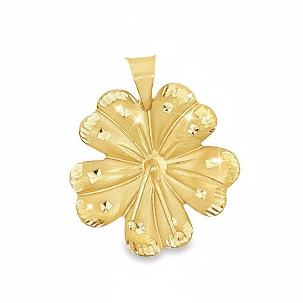 Caribbean Gems 14kt yellow gold hibiscus flower pendant with textured petal detailing on a white background