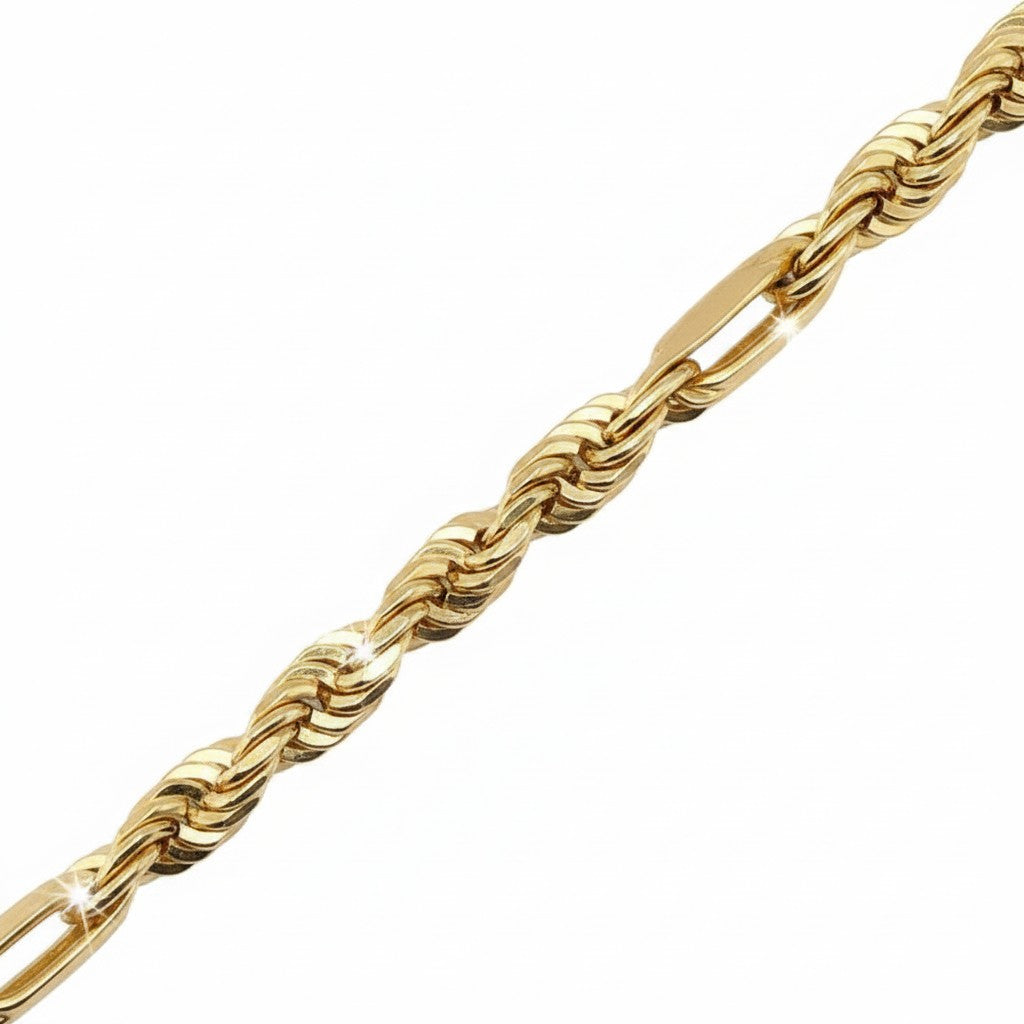 Caribbean Gems 14kt yellow gold diamond cut rope chain bracelet for men, 8 inches long.