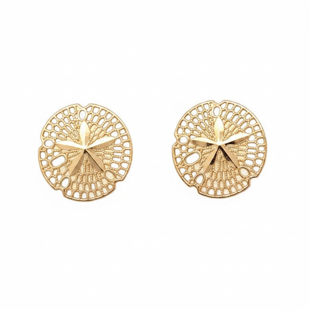 Caribbean Gems 14kt yellow gold sand dollar stud earrings with intricate cutout detailing on a white background.