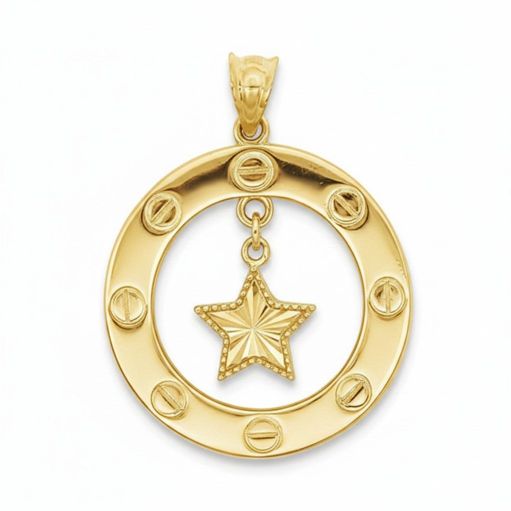 Caribbean Gems 14kt yellow gold circular pendant featuring a textured star charm in the center.