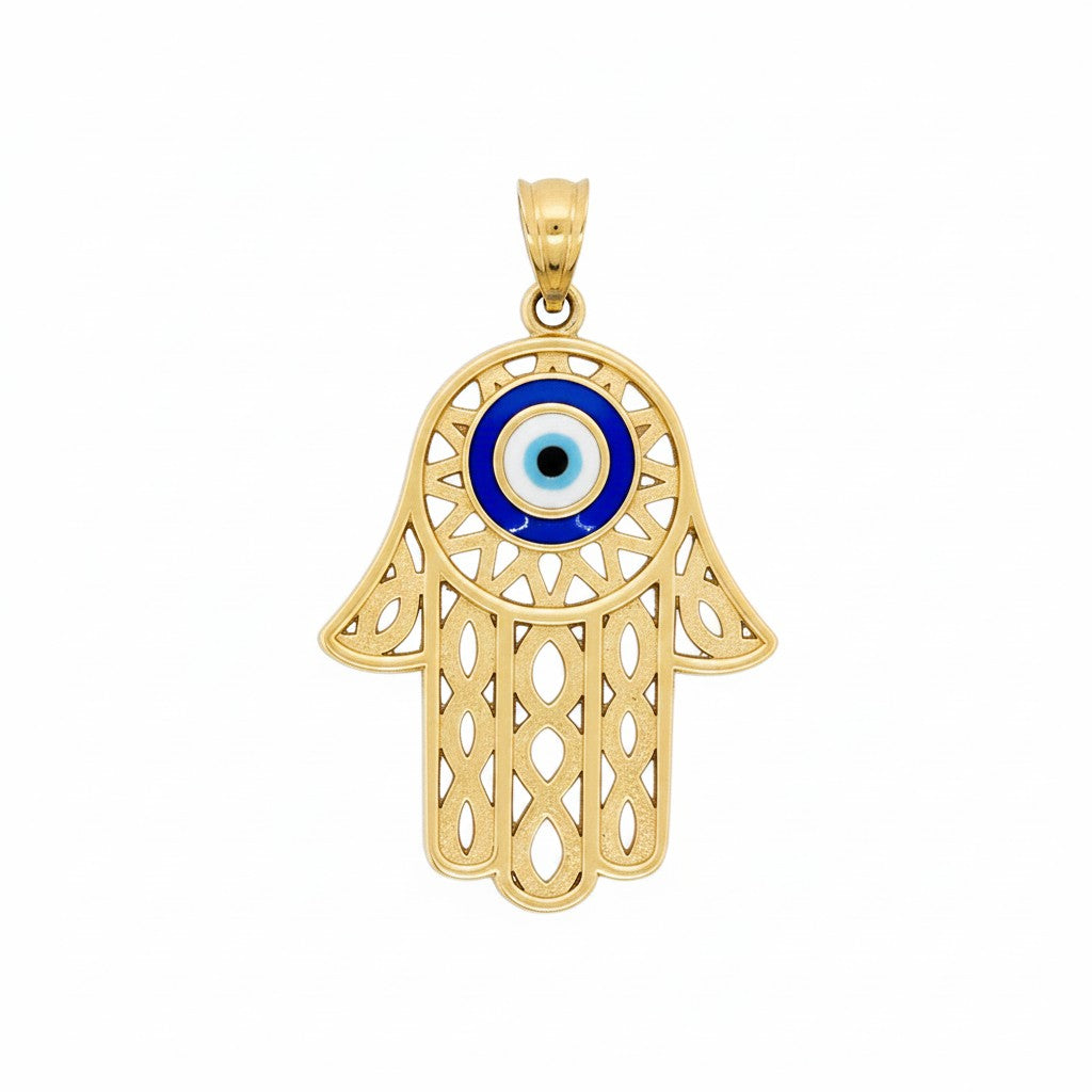 Caribbean Gems Hamsa gold pendant featuring an intricate cut-out design and a central blue and white evil eye charm.