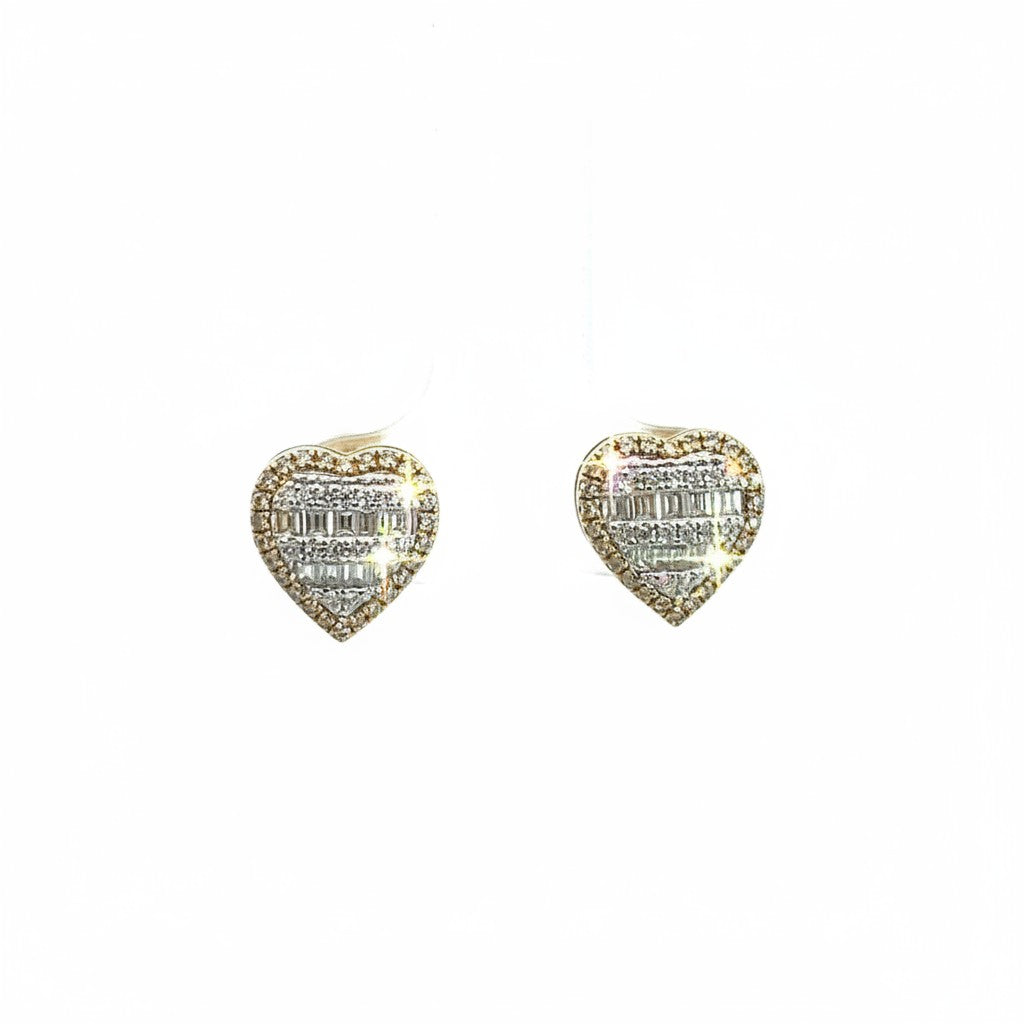 Caribbean Gems heart shaped stud earrings in 14kt yellow gold with baguette and round cut diamonds.