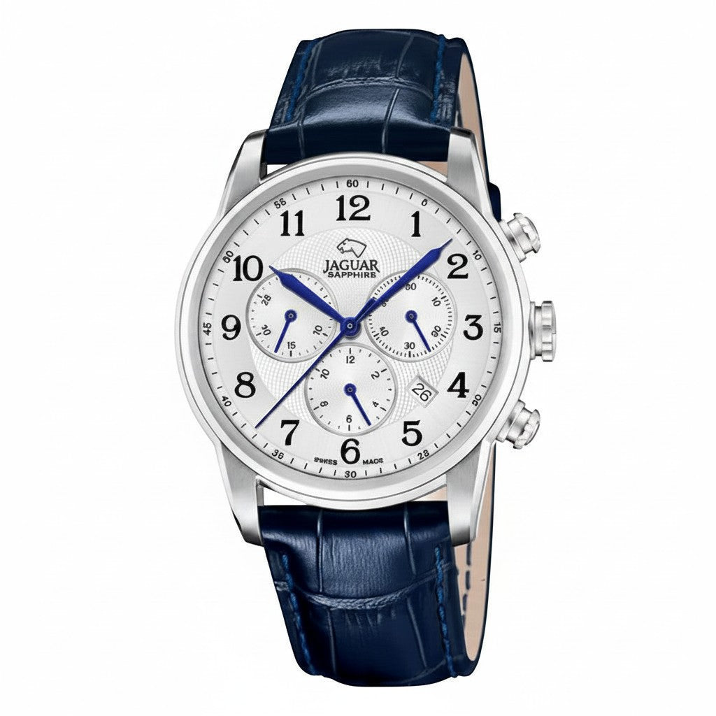 Caribbean Gems Jaguar watch with a white dial, blue hands, and a textured blue leather strap.