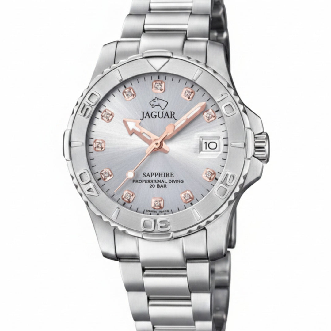 Caribbean Gems ladies Jaguar watch with a grey dial, rose gold accents, diamond markers, and stainless steel band.