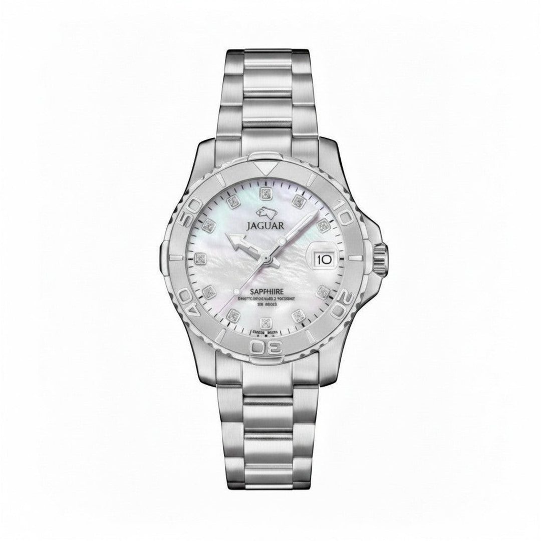 Caribbean Gems Jaguar watch with a lustrous mother of pearl dial, silver stainless steel band, and diamond markers.