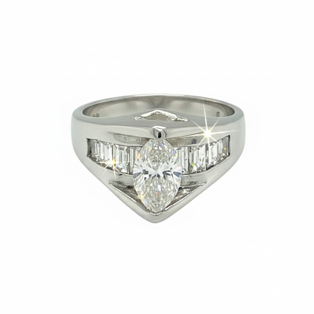 Caribbean Gems 14kt white gold ring featuring a 0.82ct marquise diamond center with round diamond accents.