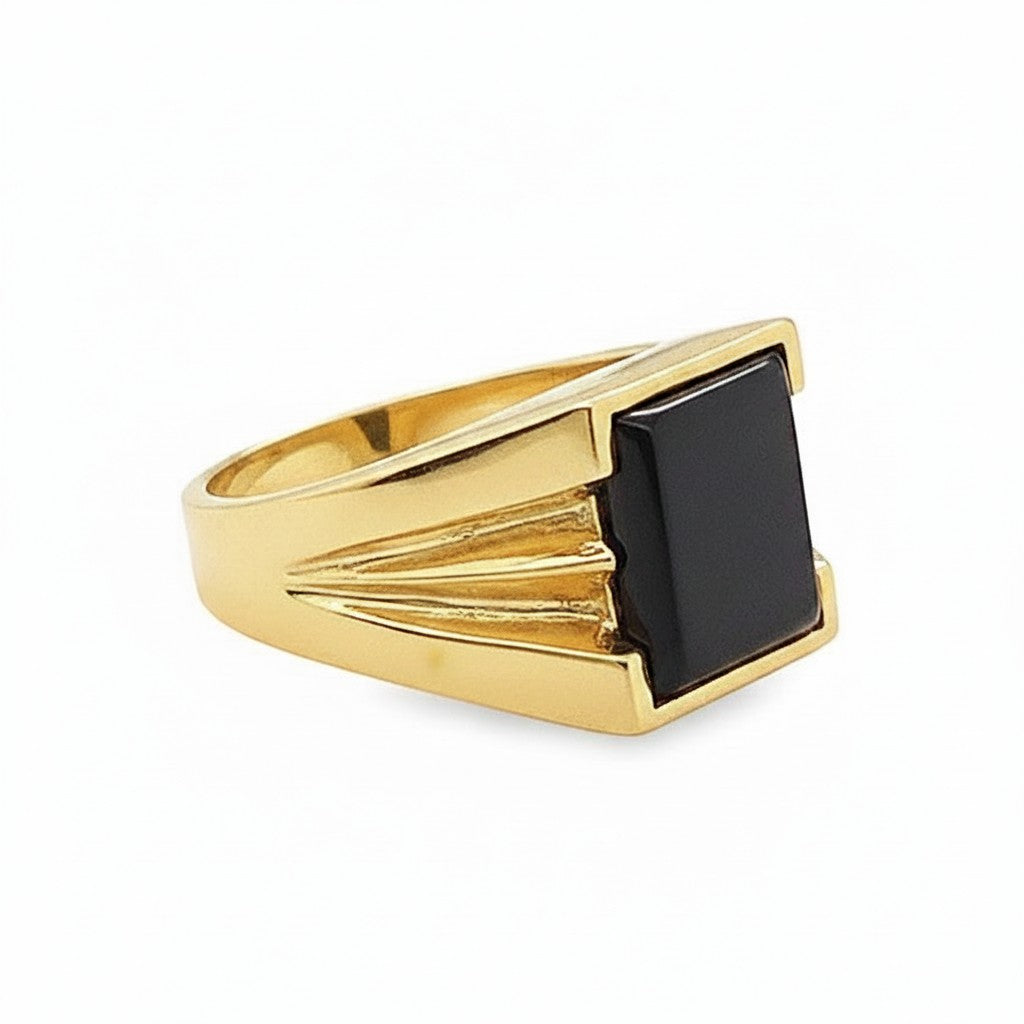 Caribbean Gems men's ring featuring a rectangular black onyx stone set in polished 14kt yellow gold.