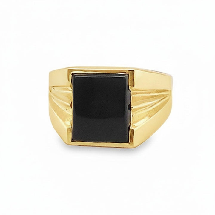 Caribbean Gems men's ring featuring a rectangular black onyx stone set in polished 14kt yellow gold.