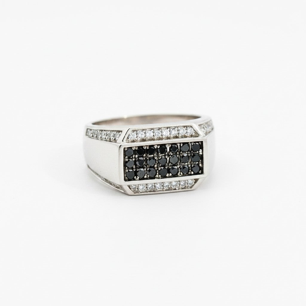 Caribbean Gems men's 14kt white gold ring featuring a rectangular center of black diamonds and white diamond accents.