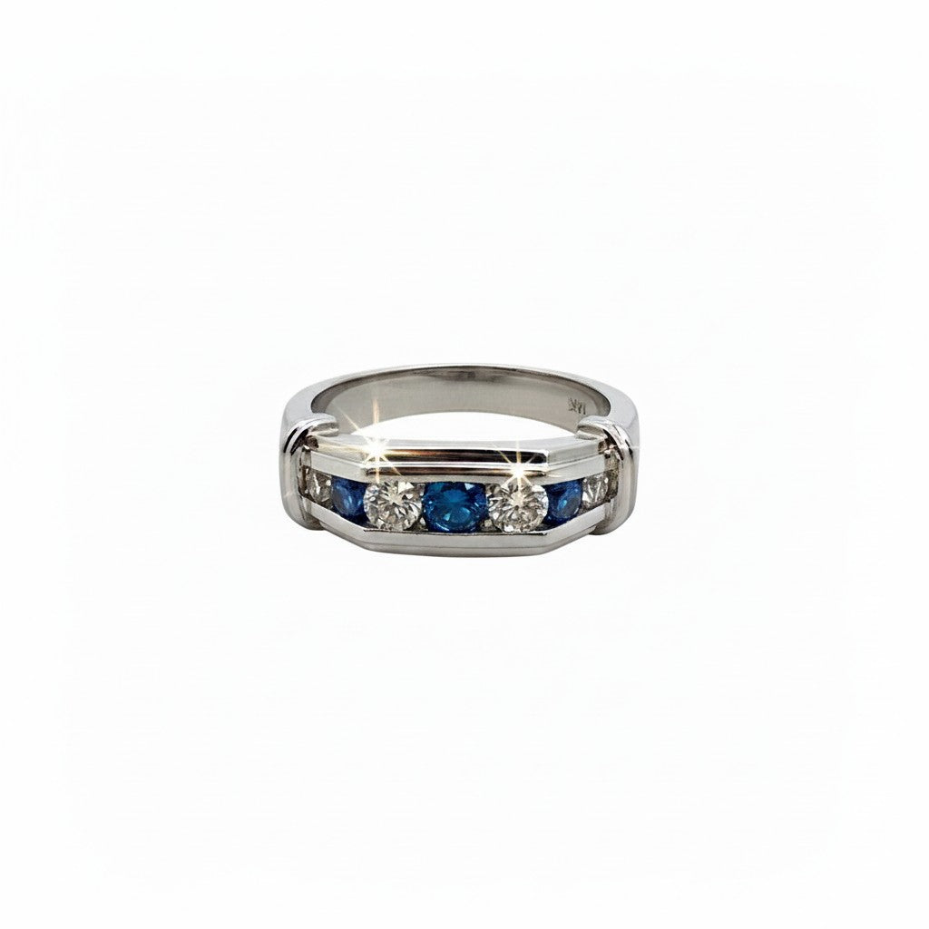 Caribbean Gems men's 14kt white gold band featuring alternating blue and white diamonds in a channel setting.