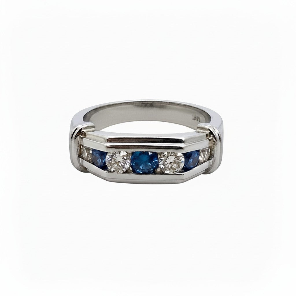 Caribbean Gems men's 14kt white gold band featuring alternating round blue and white diamonds in a channel setting.