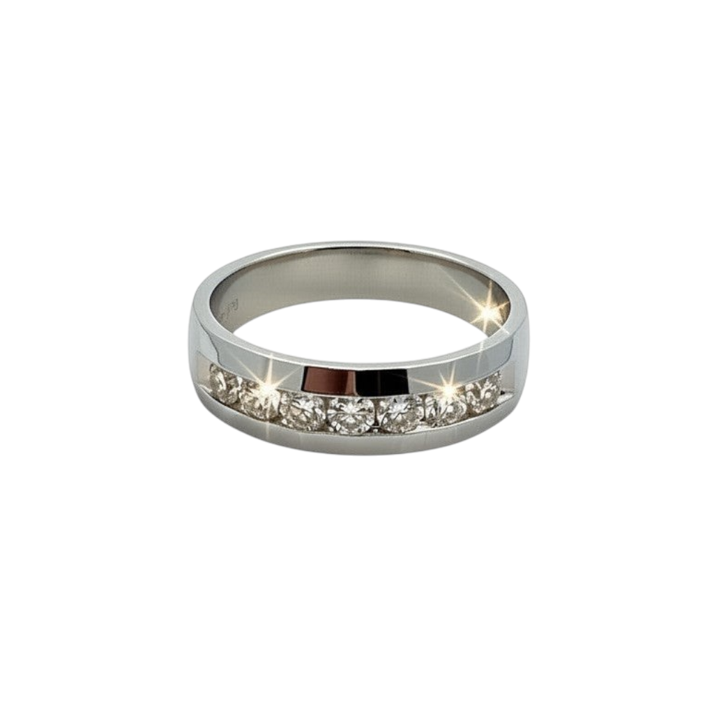 Caribbean Gems men's 14kt white gold band featuring a row of brilliant-cut diamonds in a polished channel setting.