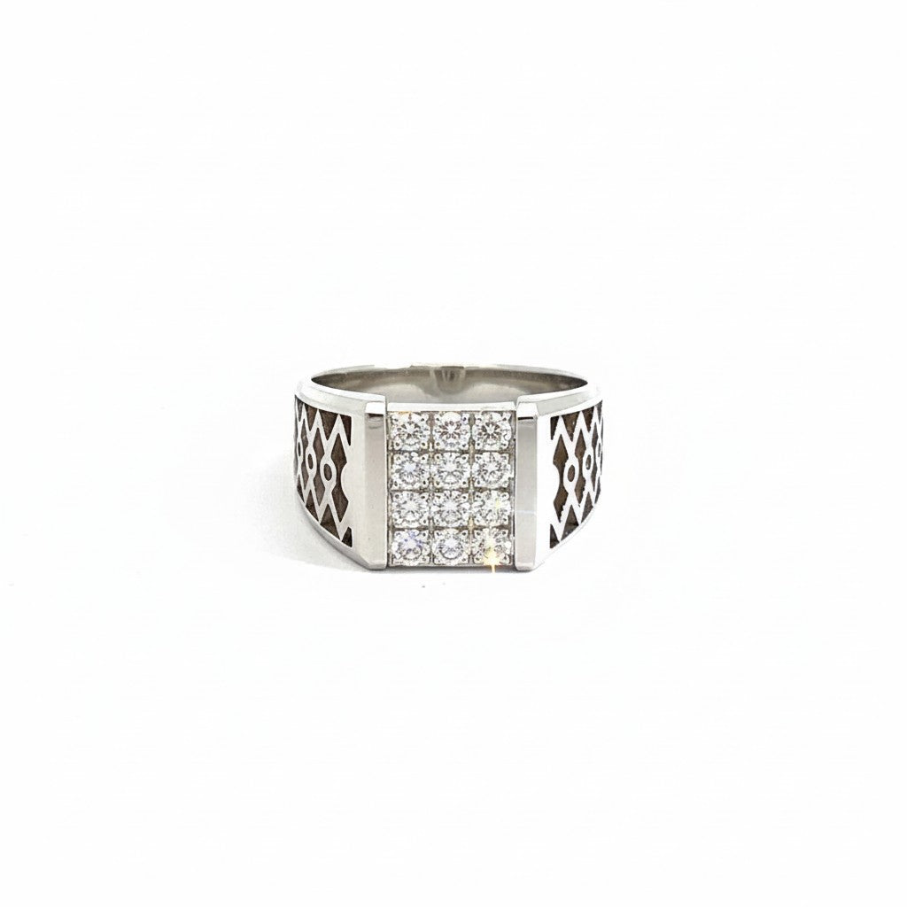 Caribbean Gems men's 14kt white gold ring featuring a square cluster of brilliant diamonds and intricate side detailing.