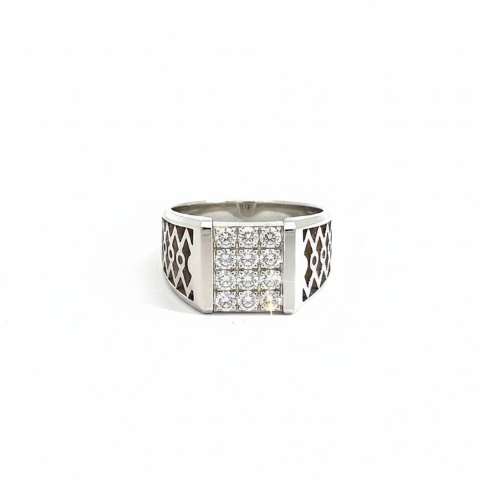 Caribbean Gems men's 14kt white gold ring featuring a square cluster of brilliant diamonds and intricate side detailing.