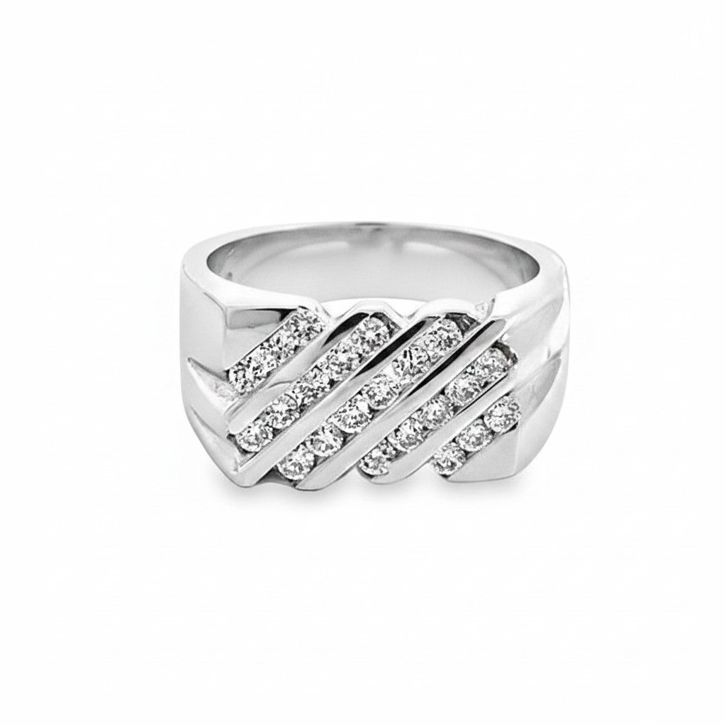 Caribbean Gems men's 14kt white gold ring featuring 1.00 carat round-cut diamonds in a diagonal channel setting.