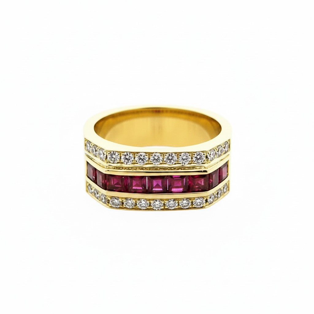 Caribbean Gems men's 18kt yellow gold ring featuring a channel-set ruby row flanked by two rows of sparkling diamonds.