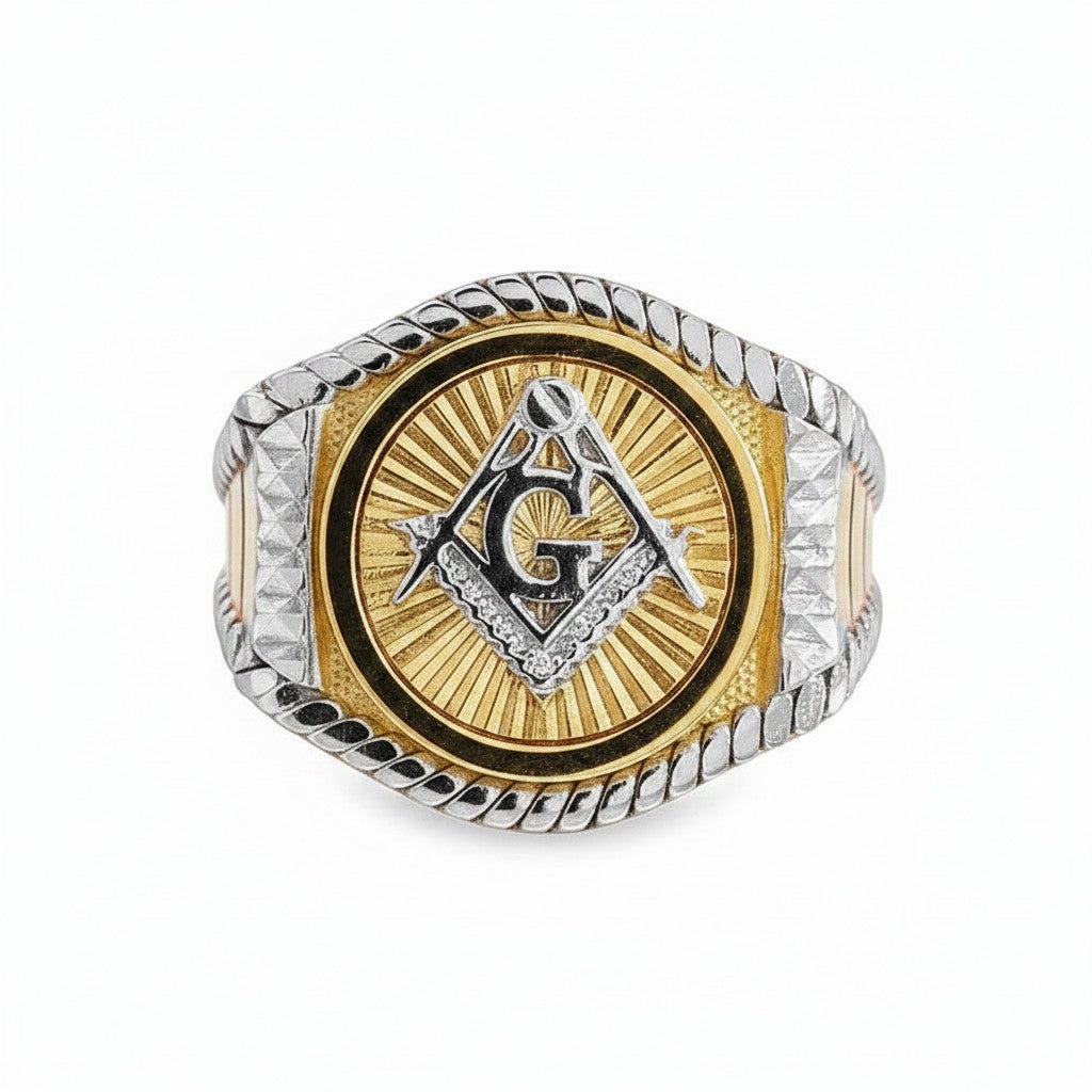 Caribbean Gems men's Masonic ring in 14kt two-tone gold with a textured rope border and central square and compass.