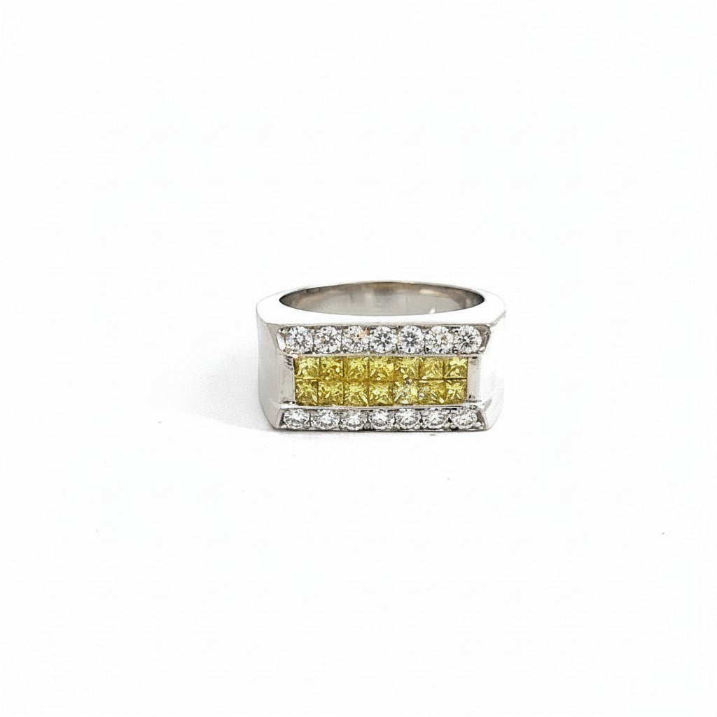Caribbean Gems men's 18kt white gold ring featuring a central row of yellow diamonds bordered by white diamonds.