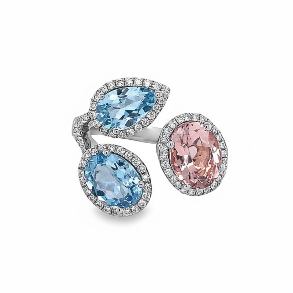 Caribbean Gems 14kt white gold ring featuring pear-shaped morganite, aquamarine, and round diamond halo accents.