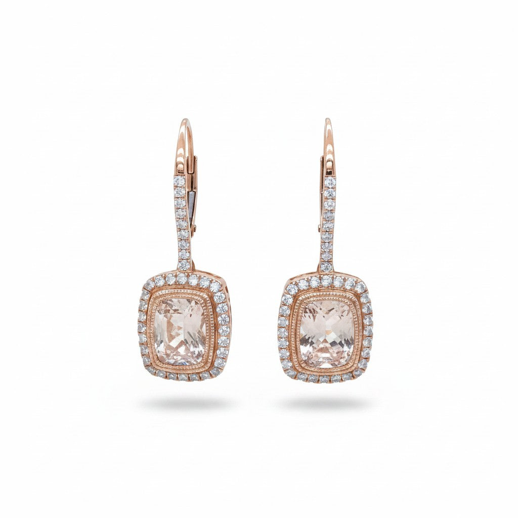 Caribbean Gems morganite and diamond drop earrings in rose gold with a cushion cut stone and halo setting