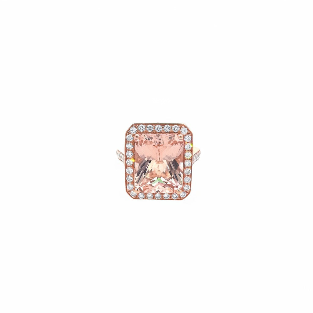 Caribbean Gems rectangular morganite ring with a diamond halo set in 14kt rose gold