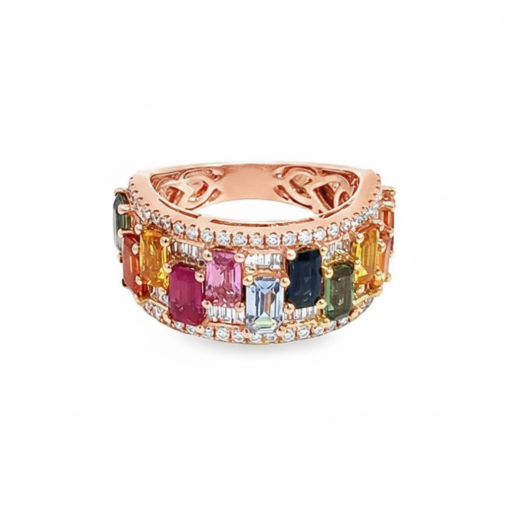 Caribbean Gems multicolored sapphire and diamond ring in 14kt rose gold with baguette and round cut stones